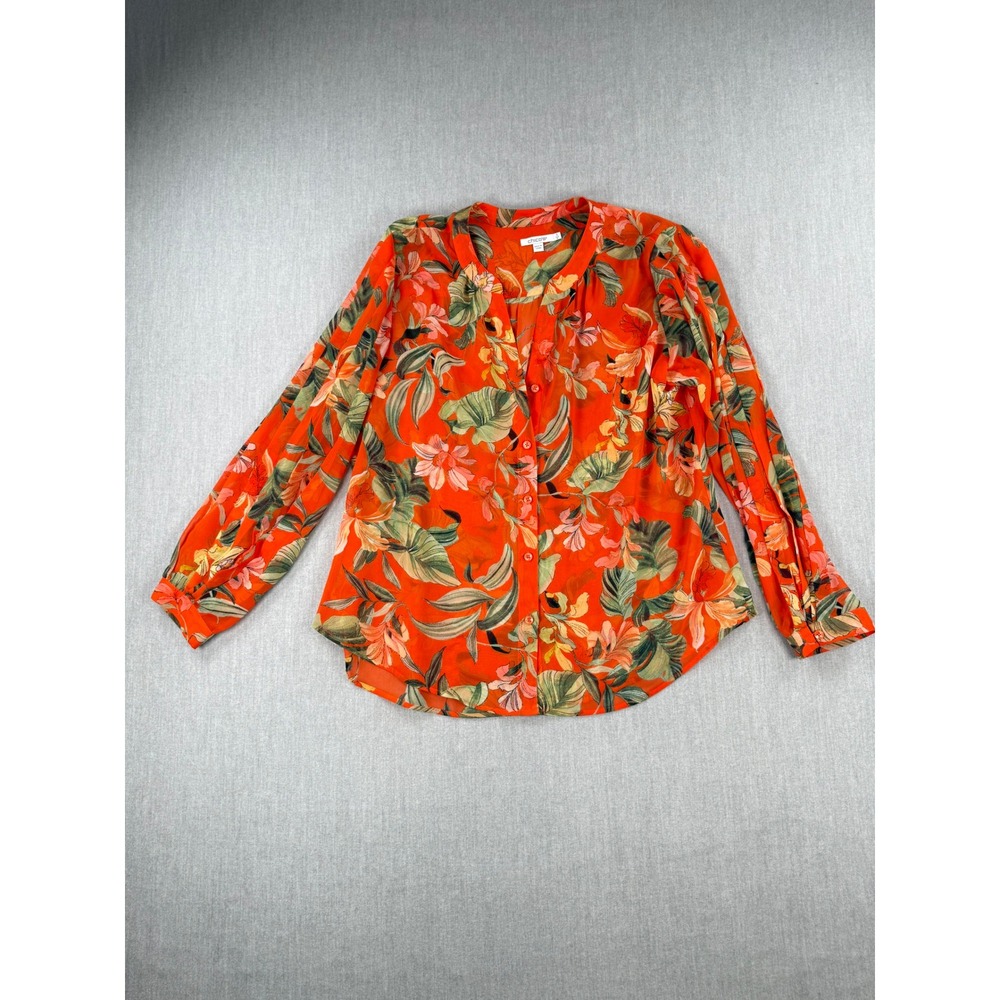Chicos Orange Tropical Floral Button Down Blouse Sheer Long Sleeve Size 3 XL 16